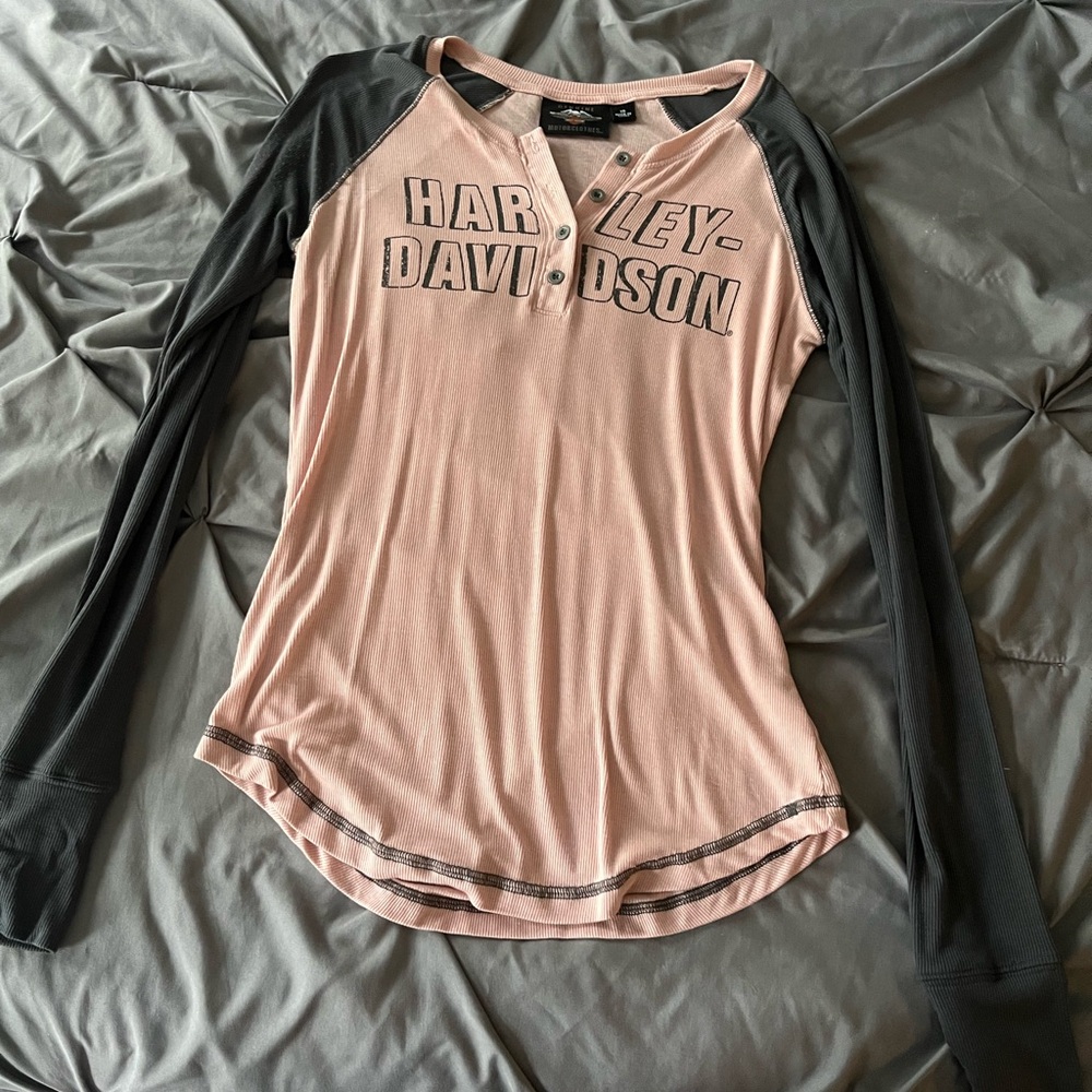 Harley-Davidson Women's Pink and Gray Long Sleeve Top